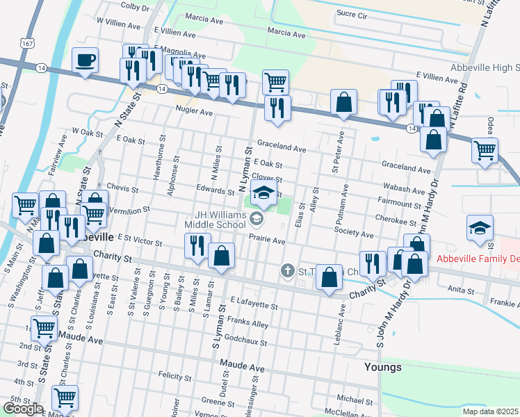 map of restaurants, bars, coffee shops, grocery stores, and more near 1105 Prairie Avenue in Abbeville