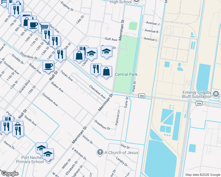 map of restaurants, bars, coffee shops, grocery stores, and more near 704 Magnolia Avenue in Port Neches
