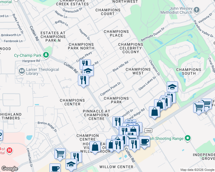 map of restaurants, bars, coffee shops, grocery stores, and more near 6811 Walton Heath Drive in Houston