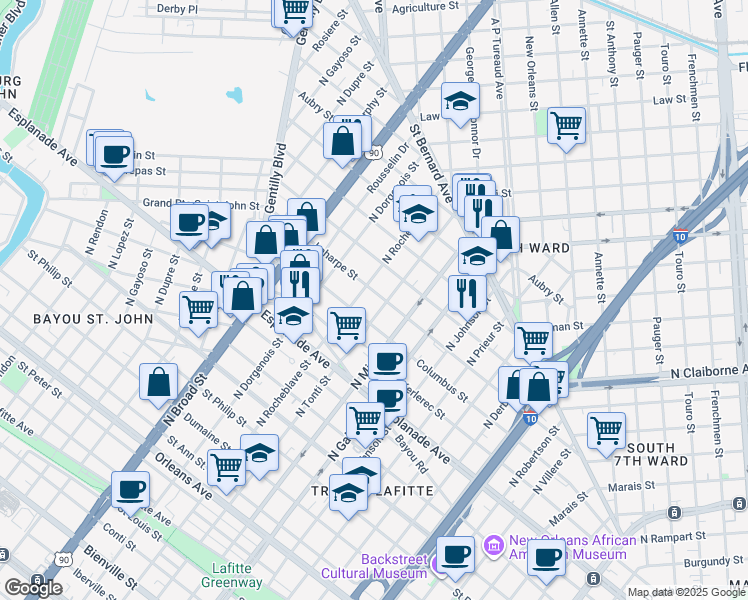 map of restaurants, bars, coffee shops, grocery stores, and more near 1516 North Rocheblave Street in New Orleans
