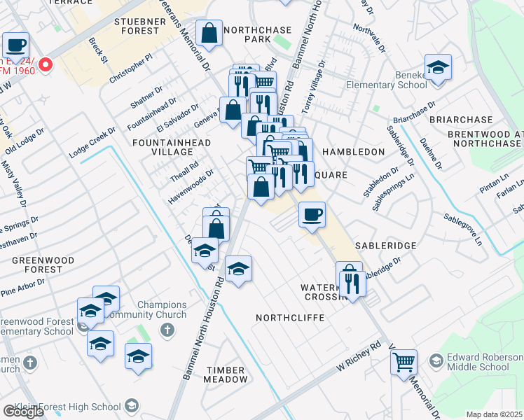 map of restaurants, bars, coffee shops, grocery stores, and more near 13940 Bammel North Houston Road in Houston