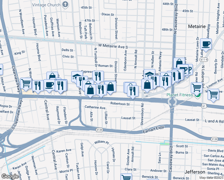 map of restaurants, bars, coffee shops, grocery stores, and more near 3715 Johnson Street in Metairie
