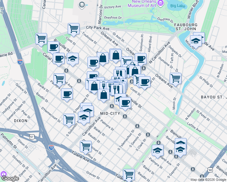map of restaurants, bars, coffee shops, grocery stores, and more near 4135 Iberville Street in New Orleans