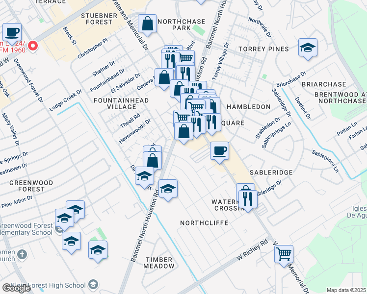 map of restaurants, bars, coffee shops, grocery stores, and more near 13940 Bammel North Houston Road in Houston