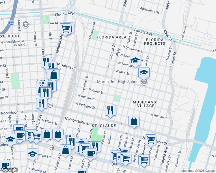 map of restaurants, bars, coffee shops, grocery stores, and more near 1934 Piety Street in New Orleans