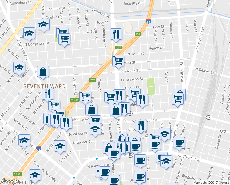 map of restaurants, bars, coffee shops, grocery stores, and more near 1815 Frenchmen Street in New Orleans