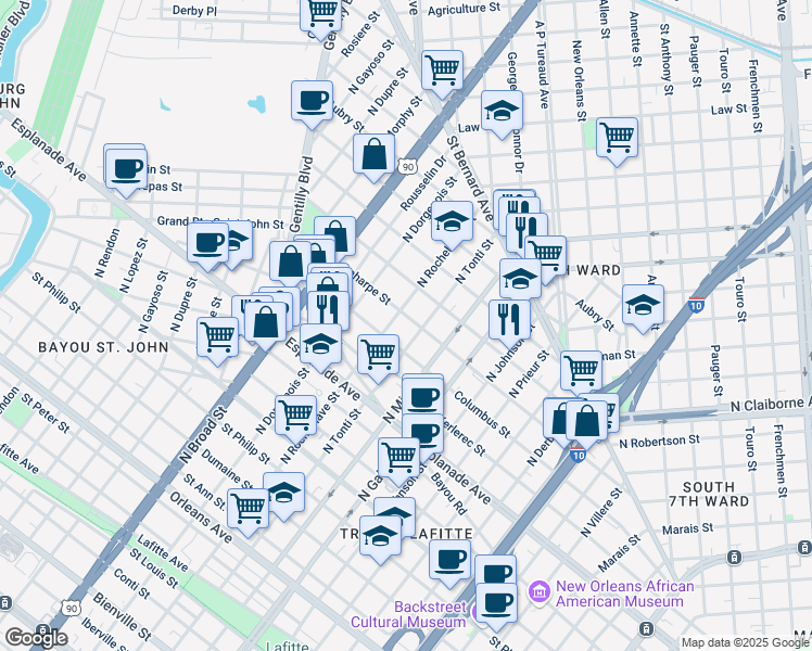 map of restaurants, bars, coffee shops, grocery stores, and more near 1516 North Rocheblave Street in New Orleans