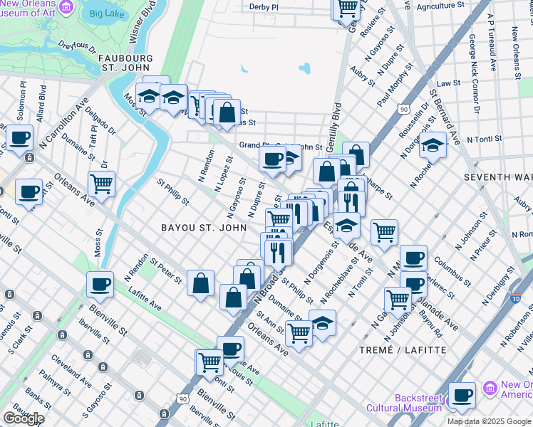 map of restaurants, bars, coffee shops, grocery stores, and more near 1120 North White Street in New Orleans