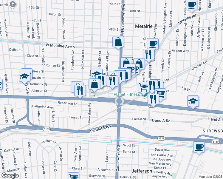 map of restaurants, bars, coffee shops, grocery stores, and more near 3228 Metairie Road in Metairie
