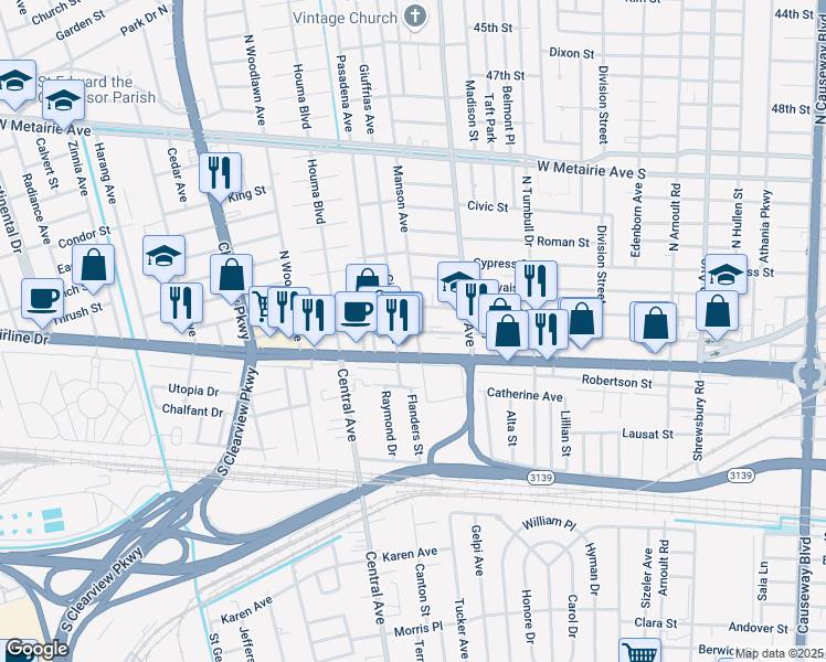 map of restaurants, bars, coffee shops, grocery stores, and more near 118 Giuffrias Avenue in Metairie