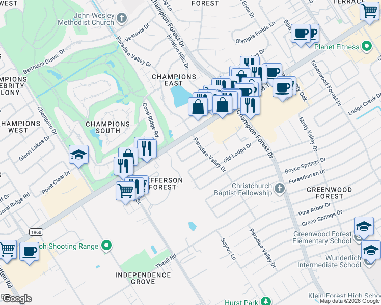 map of restaurants, bars, coffee shops, grocery stores, and more near 5914 Queensgate Drive in Houston