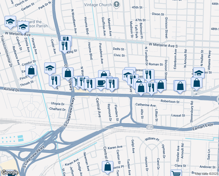 map of restaurants, bars, coffee shops, grocery stores, and more near 118 Giuffrias Avenue in Metairie