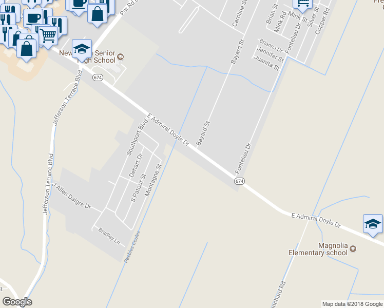 map of restaurants, bars, coffee shops, grocery stores, and more near 812 Bayard Street in New Iberia