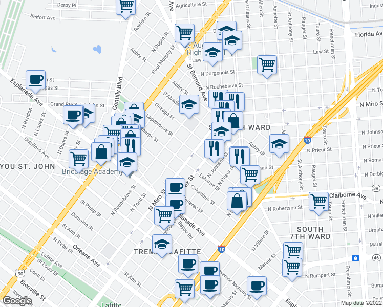 map of restaurants, bars, coffee shops, grocery stores, and more near 2202 Lapeyrouse Street in New Orleans