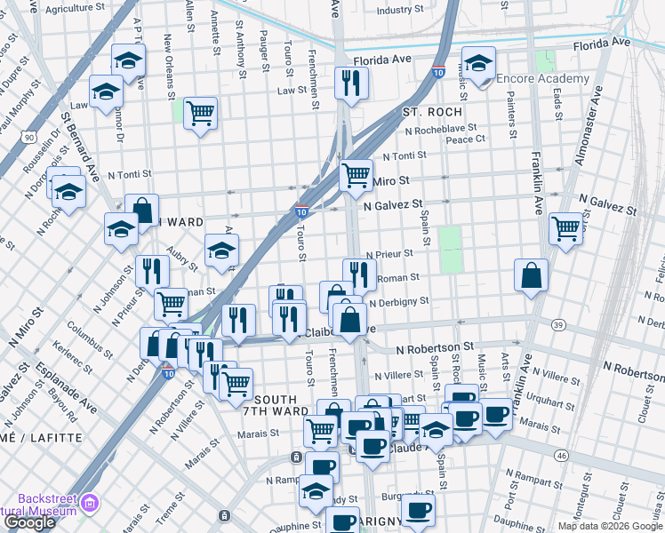 map of restaurants, bars, coffee shops, grocery stores, and more near 1815 Frenchmen Street in New Orleans