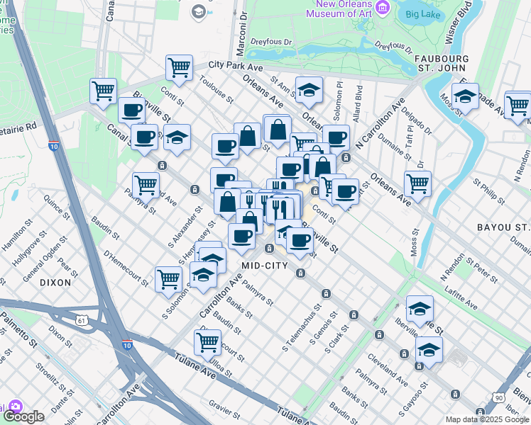 map of restaurants, bars, coffee shops, grocery stores, and more near 4135 Iberville Street in New Orleans