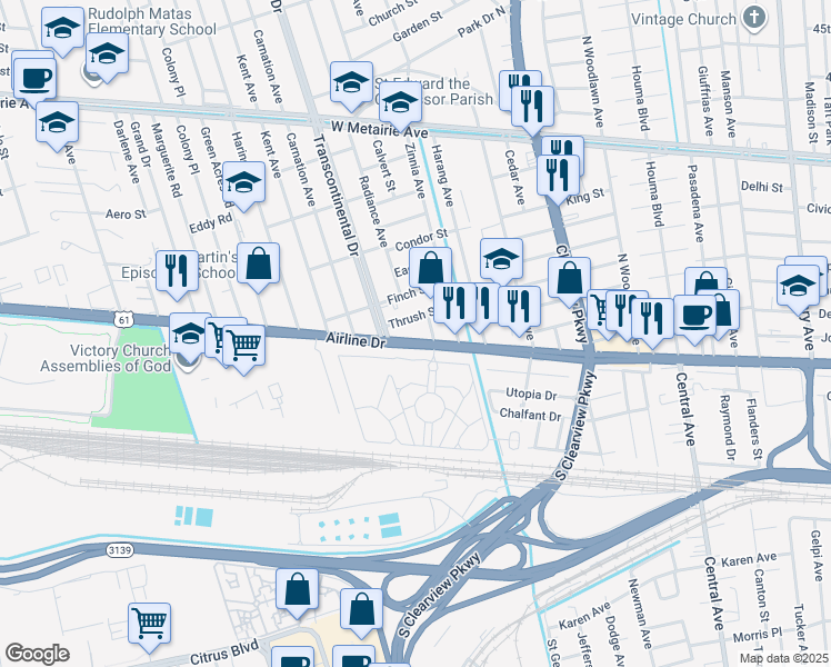 map of restaurants, bars, coffee shops, grocery stores, and more near 4921 U.S. 61 in Metairie
