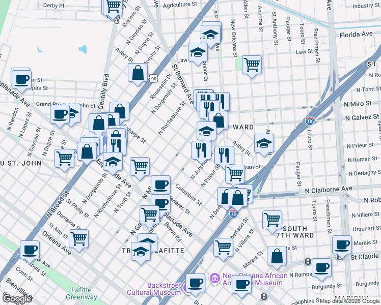 map of restaurants, bars, coffee shops, grocery stores, and more near in New Orleans