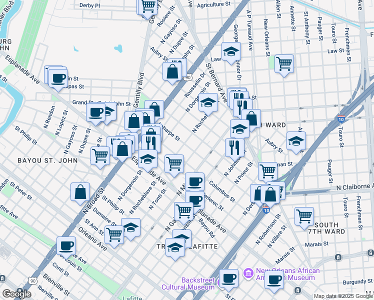 map of restaurants, bars, coffee shops, grocery stores, and more near 1516 North Rocheblave Street in New Orleans