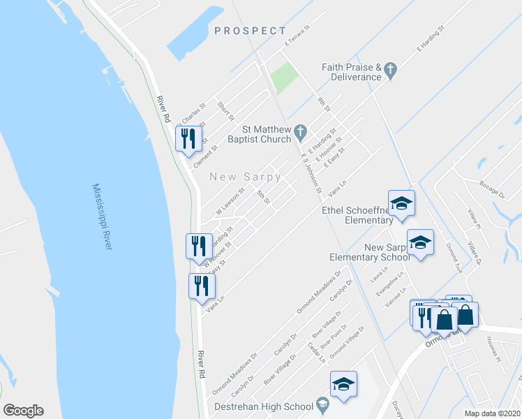 map of restaurants, bars, coffee shops, grocery stores, and more near 487 West Hoover Street in Destrehan