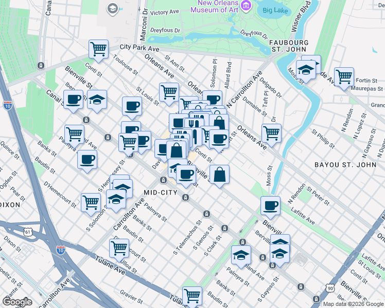 map of restaurants, bars, coffee shops, grocery stores, and more near in New Orleans