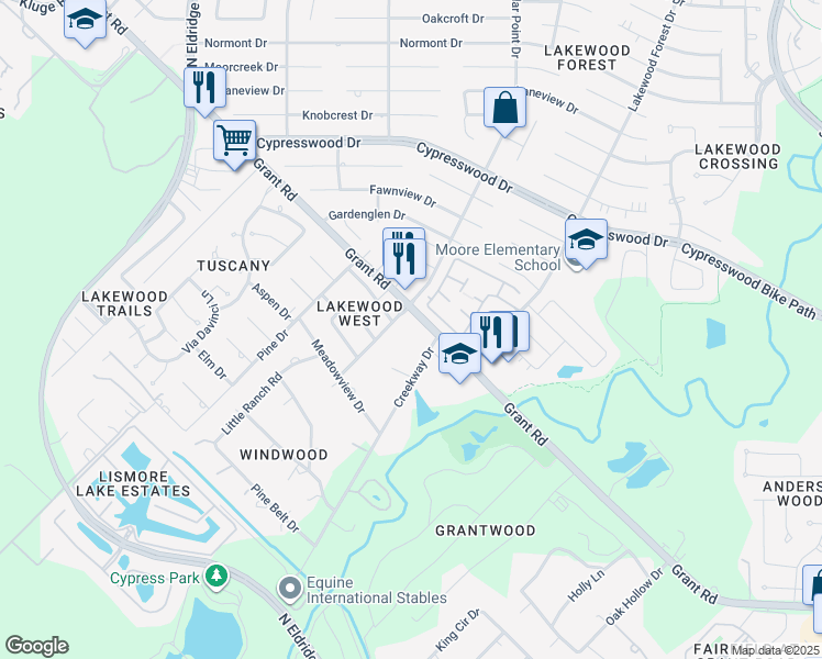 map of restaurants, bars, coffee shops, grocery stores, and more near 11807 Grant Road in Cypress