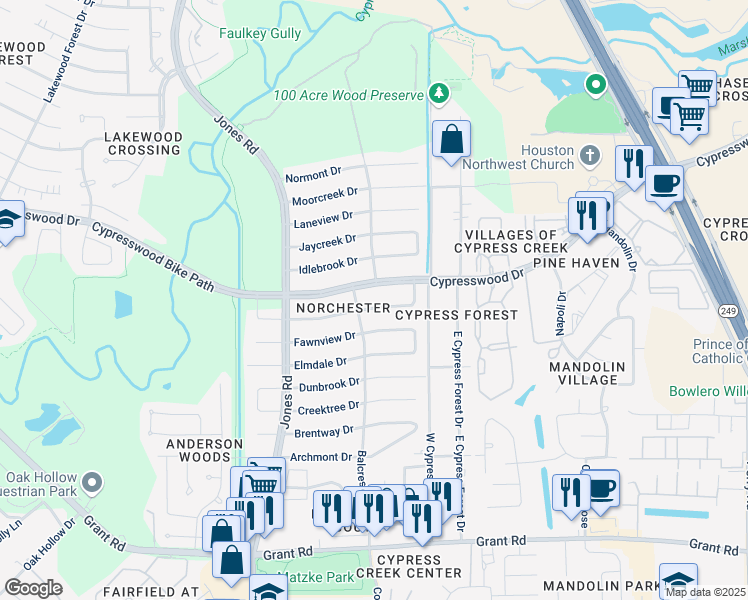 map of restaurants, bars, coffee shops, grocery stores, and more near 10618 Glenway Drive in Houston