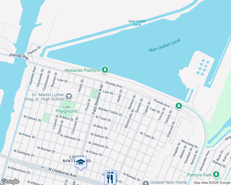 map of restaurants, bars, coffee shops, grocery stores, and more near 2542 Charbonnet Street in New Orleans