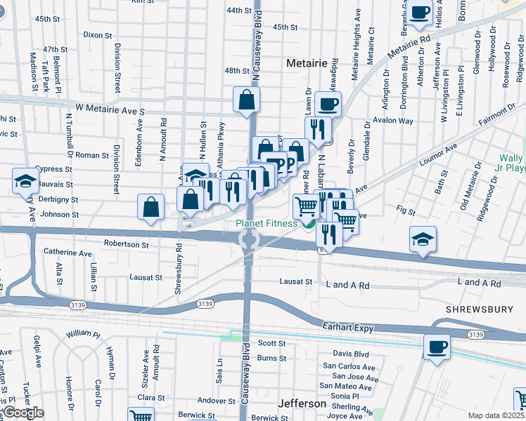 map of restaurants, bars, coffee shops, grocery stores, and more near 265 North Causeway Boulevard in Metairie