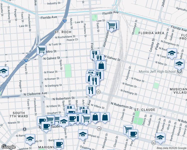 map of restaurants, bars, coffee shops, grocery stores, and more near 1743a Franklin Avenue in New Orleans
