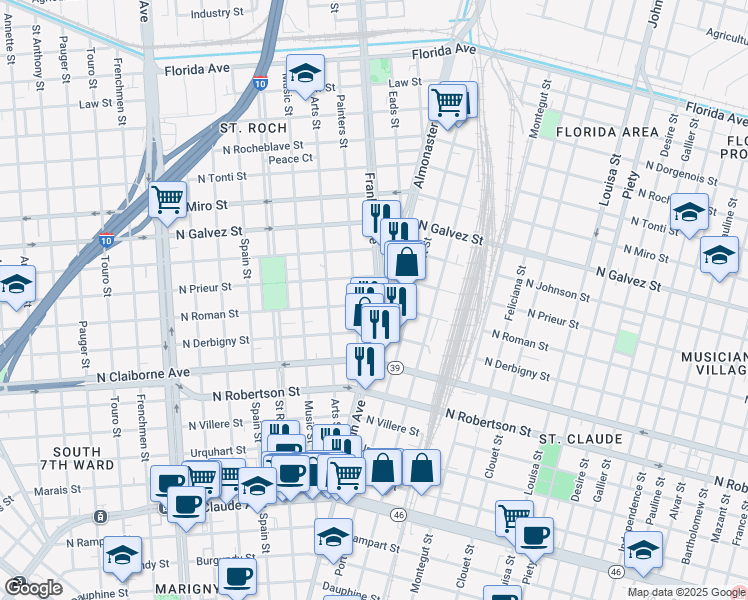 map of restaurants, bars, coffee shops, grocery stores, and more near 1743a Franklin Avenue in New Orleans