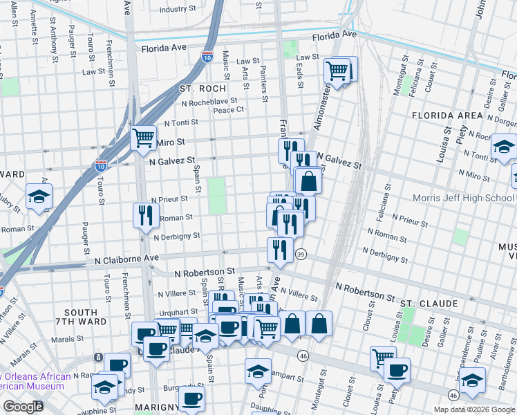 map of restaurants, bars, coffee shops, grocery stores, and more near 2532 North Roman Street in New Orleans