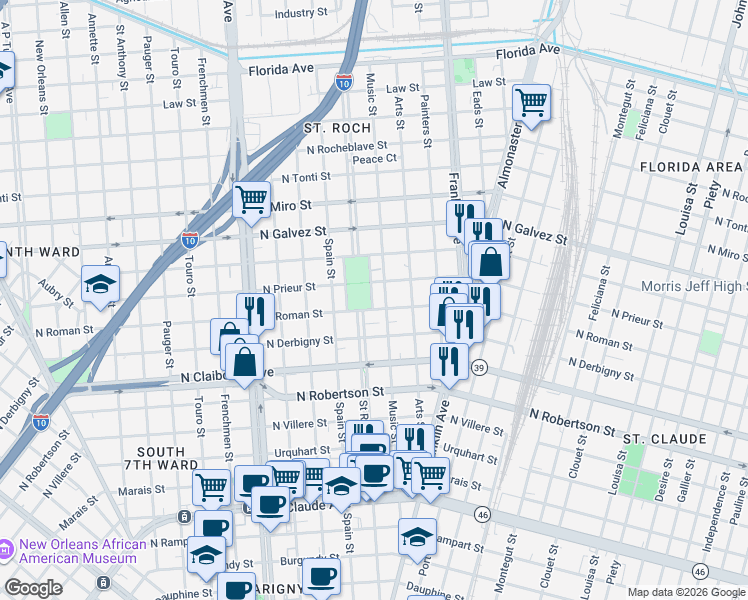 map of restaurants, bars, coffee shops, grocery stores, and more near 3 North Roman Street in New Orleans