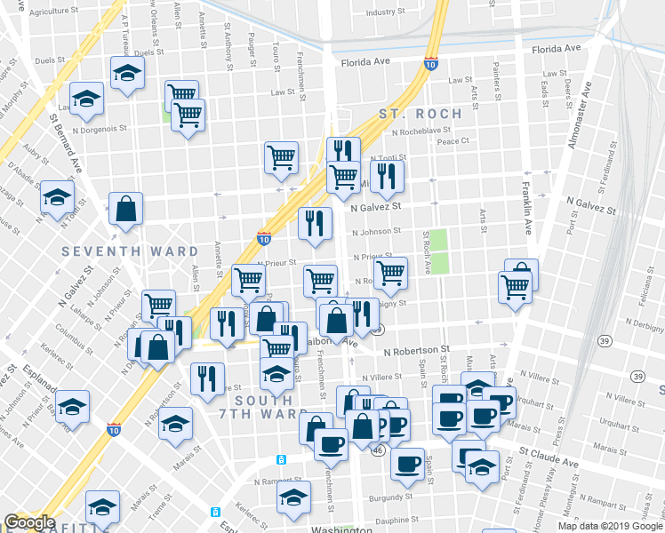 map of restaurants, bars, coffee shops, grocery stores, and more near 1815 Frenchmen Street in New Orleans