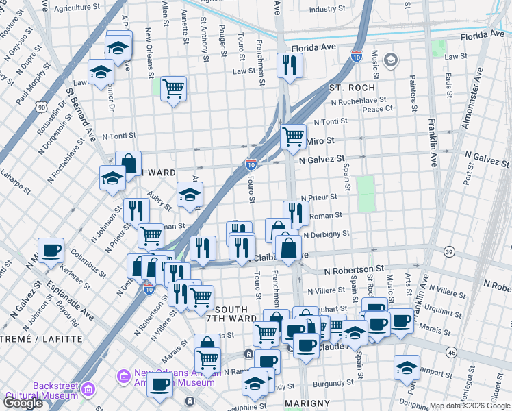 map of restaurants, bars, coffee shops, grocery stores, and more near 1816 Touro Street in New Orleans