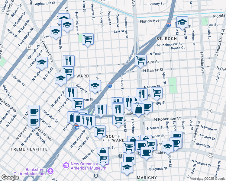 map of restaurants, bars, coffee shops, grocery stores, and more near 1962 North Prieur Street in New Orleans