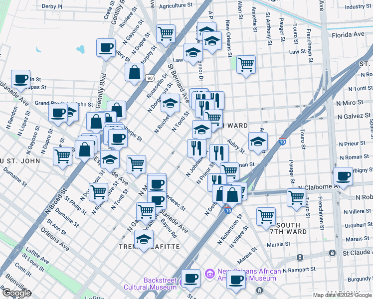 map of restaurants, bars, coffee shops, grocery stores, and more near 2117 Lapeyrouse Street in New Orleans