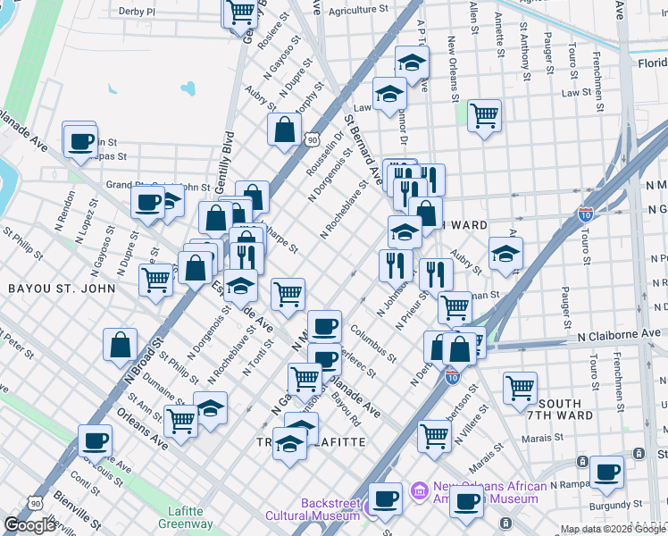 map of restaurants, bars, coffee shops, grocery stores, and more near 2221 Laharpe Street in New Orleans