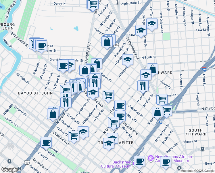 map of restaurants, bars, coffee shops, grocery stores, and more near 2428 Columbus Street in New Orleans
