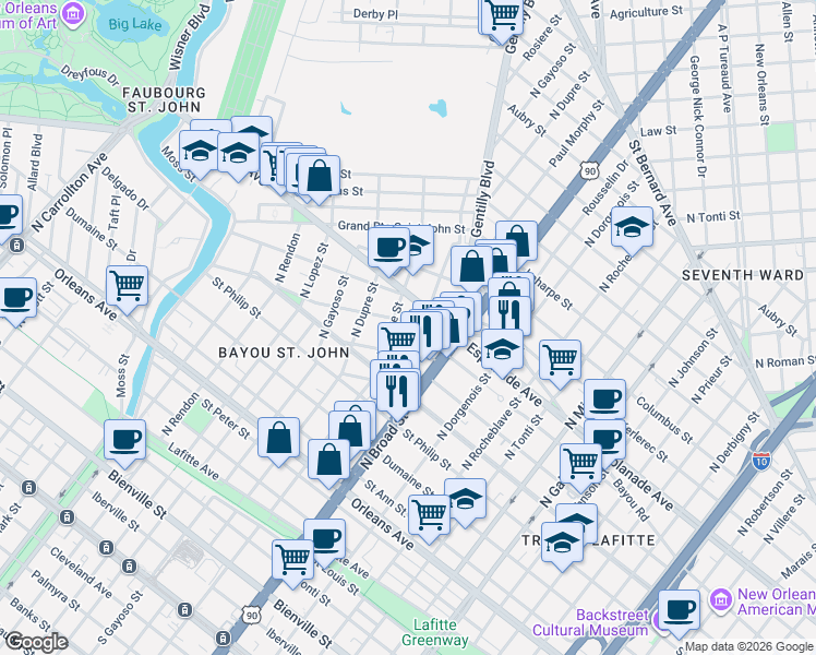 map of restaurants, bars, coffee shops, grocery stores, and more near 1120 North White Street in New Orleans