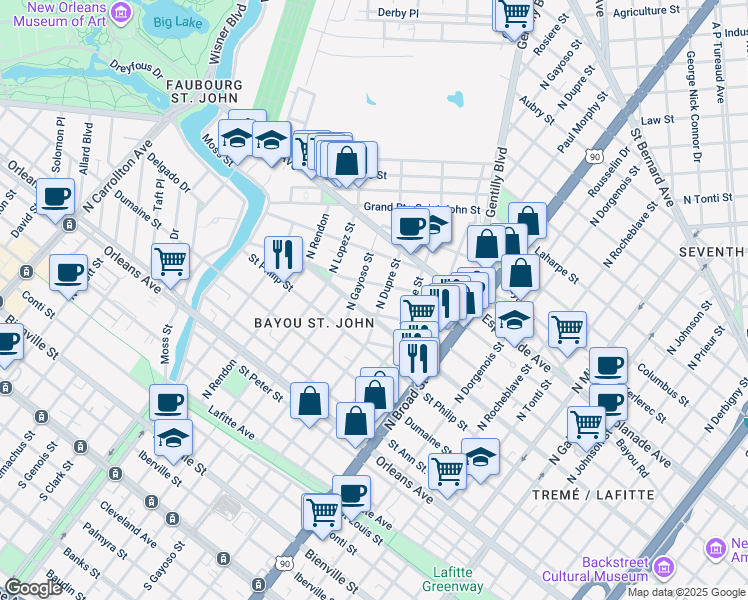 map of restaurants, bars, coffee shops, grocery stores, and more near 2901 Ursulines Avenue in New Orleans