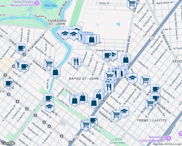 map of restaurants, bars, coffee shops, grocery stores, and more near 1018 North Salcedo Street in New Orleans