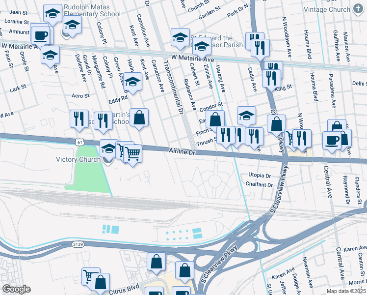 map of restaurants, bars, coffee shops, grocery stores, and more near 5105 Airline Drive in Metairie