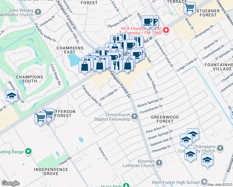 map of restaurants, bars, coffee shops, grocery stores, and more near 5731 Old Lodge Drive in Houston
