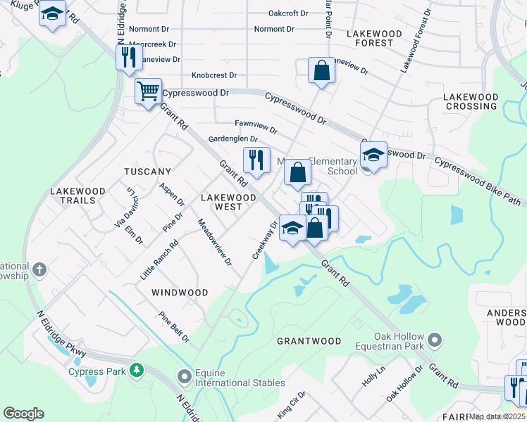 map of restaurants, bars, coffee shops, grocery stores, and more near 11803 Grant Road in Cypress