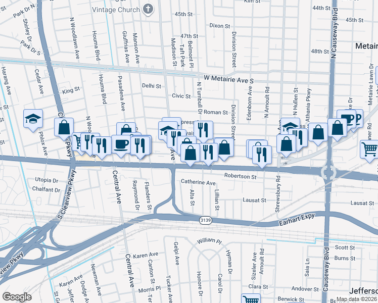 map of restaurants, bars, coffee shops, grocery stores, and more near 3818 Johnson Street in Metairie