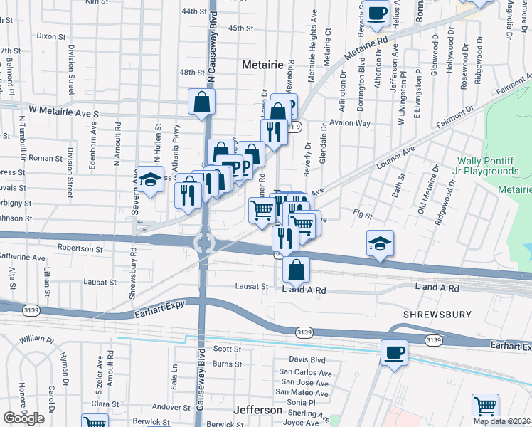 map of restaurants, bars, coffee shops, grocery stores, and more near 256 Gruner Road in Metairie
