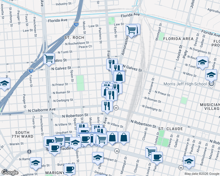 map of restaurants, bars, coffee shops, grocery stores, and more near 1743a Franklin Avenue in New Orleans