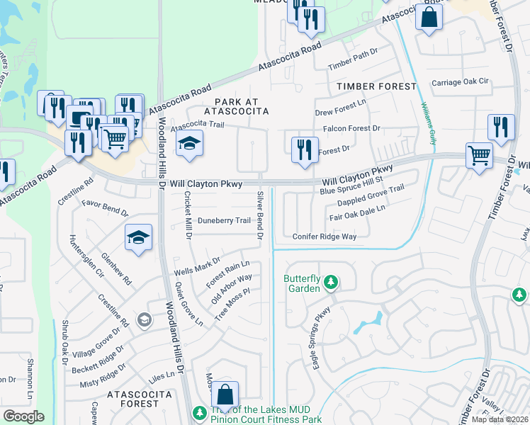 map of restaurants, bars, coffee shops, grocery stores, and more near 17910 Silver Bend Drive in Humble