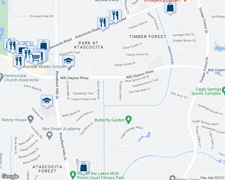 map of restaurants, bars, coffee shops, grocery stores, and more near 17839 Alpine Brook Lane in Humble